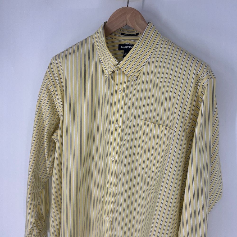 LANDS END Traditional Fit Button Down Dress Shirt Mens 17.5-35 Yellow Pinstripe - Picture 4 of 11